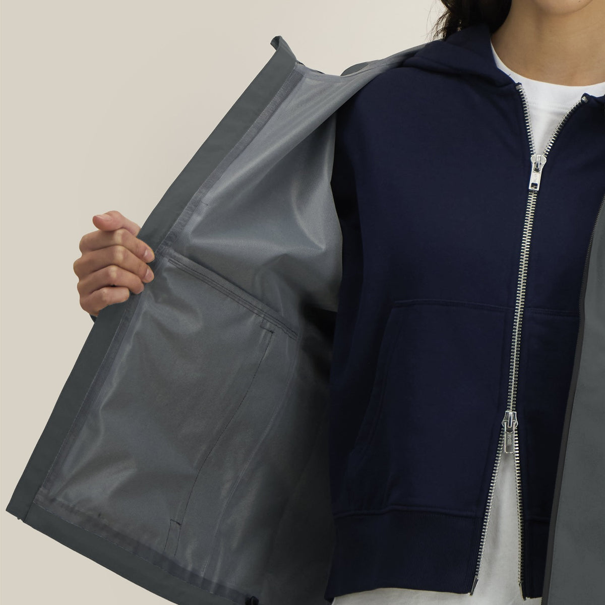 Damen Regenjacke Anthrazit, Innenfutter und Innentasche