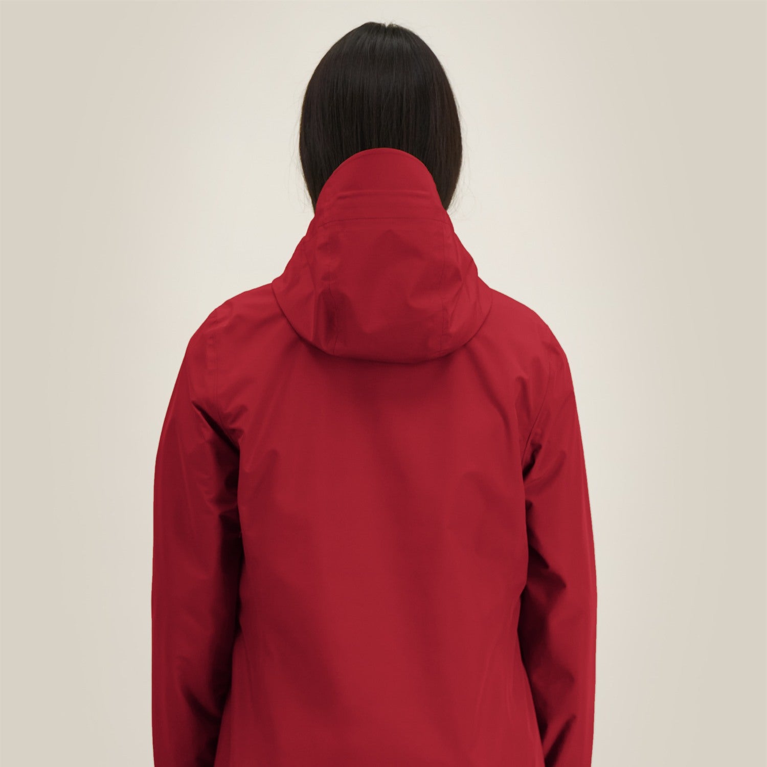 Damen Regenjacke Rot, Rückansicht mit längerem Rückenschnitt