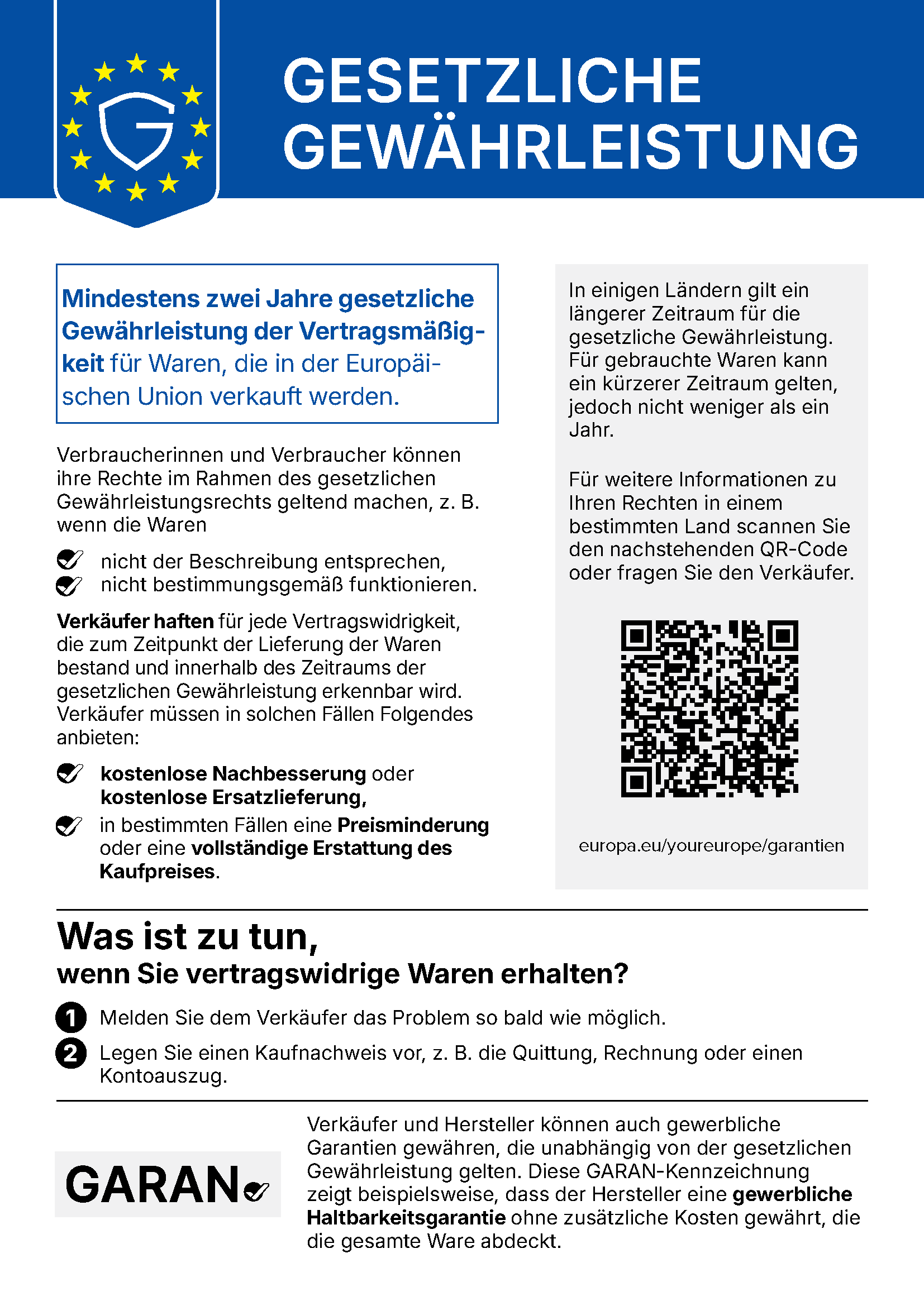 EU-Hinweis Gesetzliche Gewährleistung: Mindestens zwei Jahre gesetzliche Gewährleistung der Vertragsmäßigkeit für Waren, die in der Europäischen Union verkauft werden. Verkäufer haften für jede Vertragswidrigkeit, die bei Lieferung bestand und innerhalb der Gewährleistungsfrist erkennbar wird, und müssen kostenlose Nachbesserung oder Ersatzlieferung, in bestimmten Fällen eine Preisminderung oder die vollständige Erstattung des Kaufpreises anbieten. Melden Sie dem Verkäufer das Problem so bald wie möglich und legen Sie einen Kaufnachweis vor.