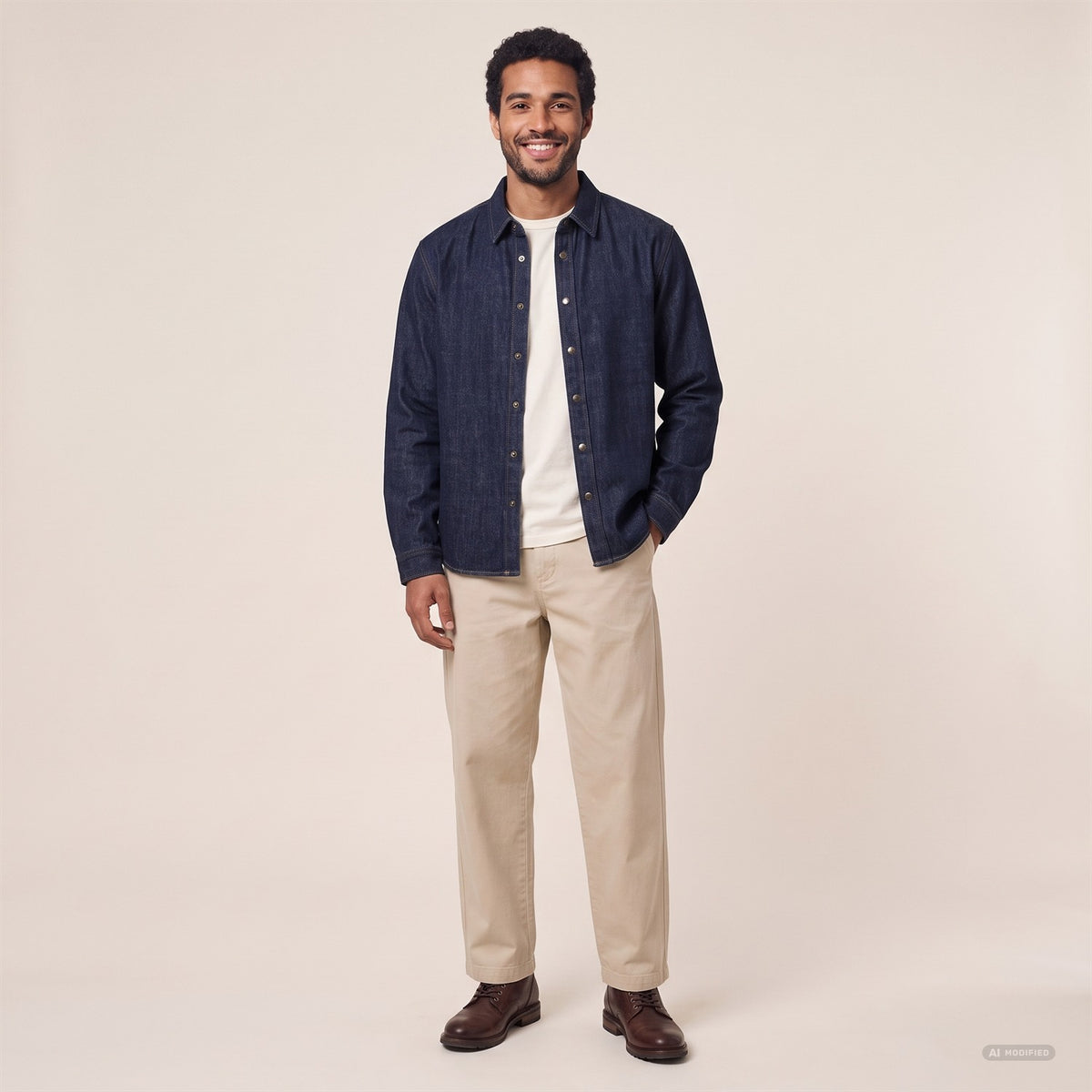Heavy Denim Unisex Overshirt in Rinse Wash – Vorderansicht am Model