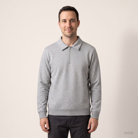 Half-Zip Sweatshirt in Heather Grey, am Model getragen