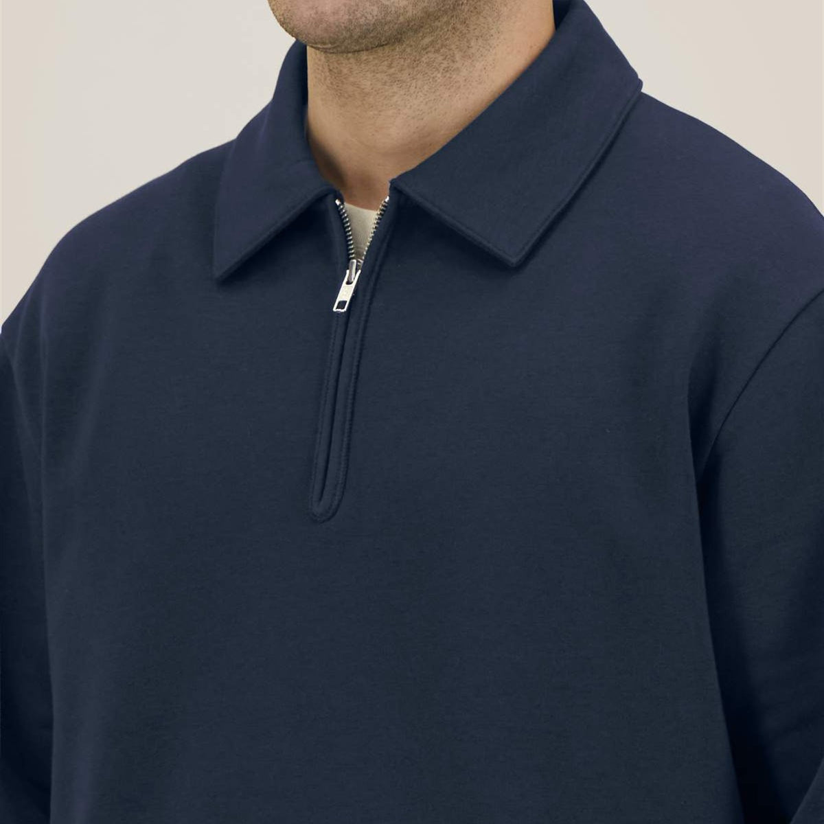 Half-Zip Sweatshirt Navy, Kragen und Reißverschluss im Detail