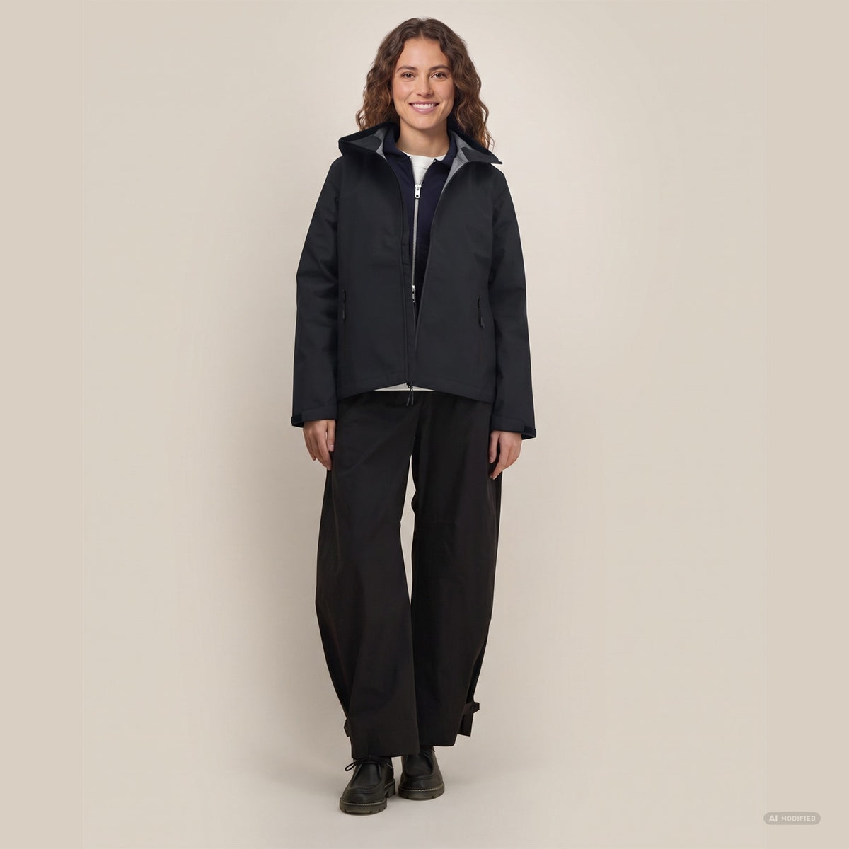 Wasserdichte Damen Regenjacke in Schwarz am Model, Ganzkörperansicht