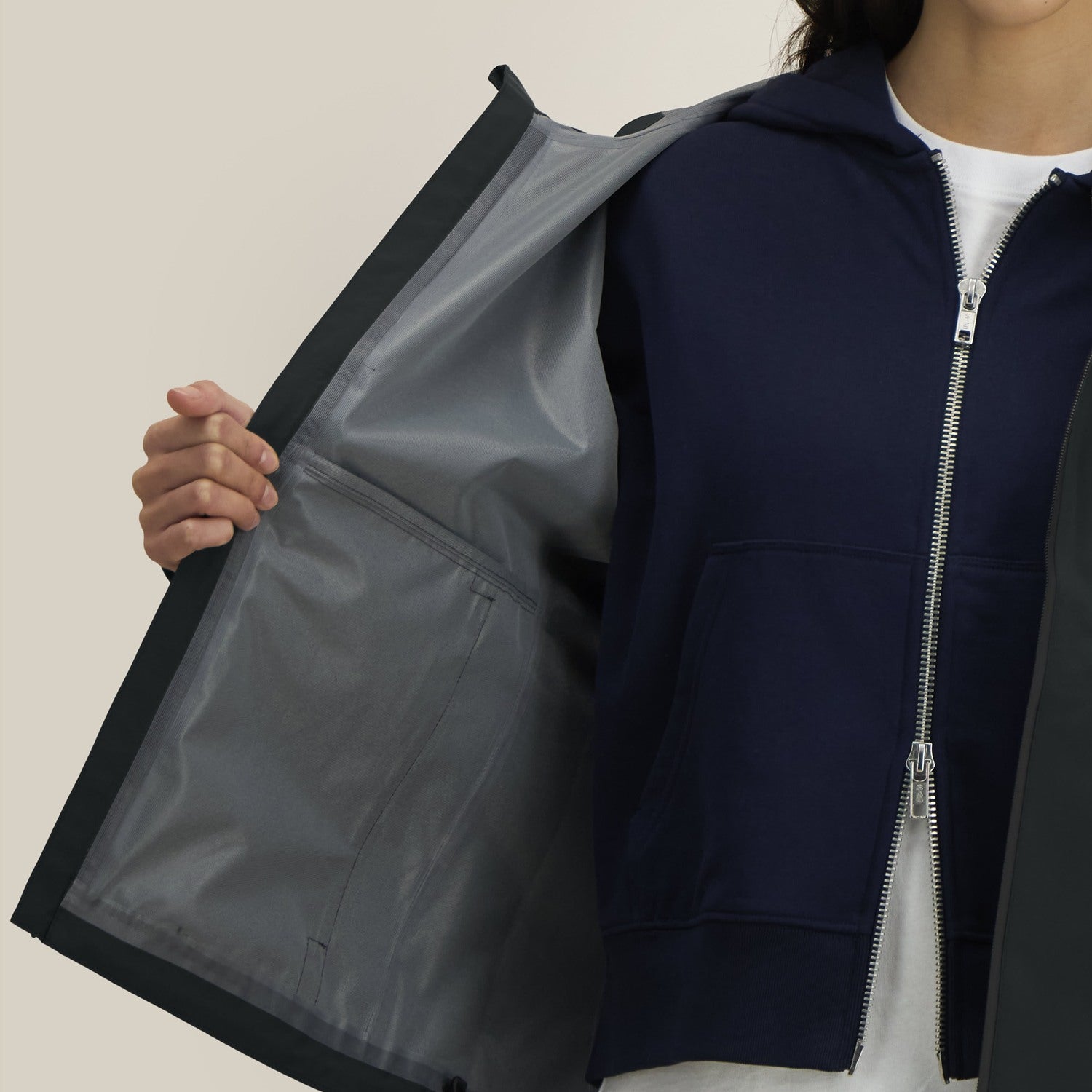 Damen Regenjacke Schwarz, Innenfutter und Innentasche