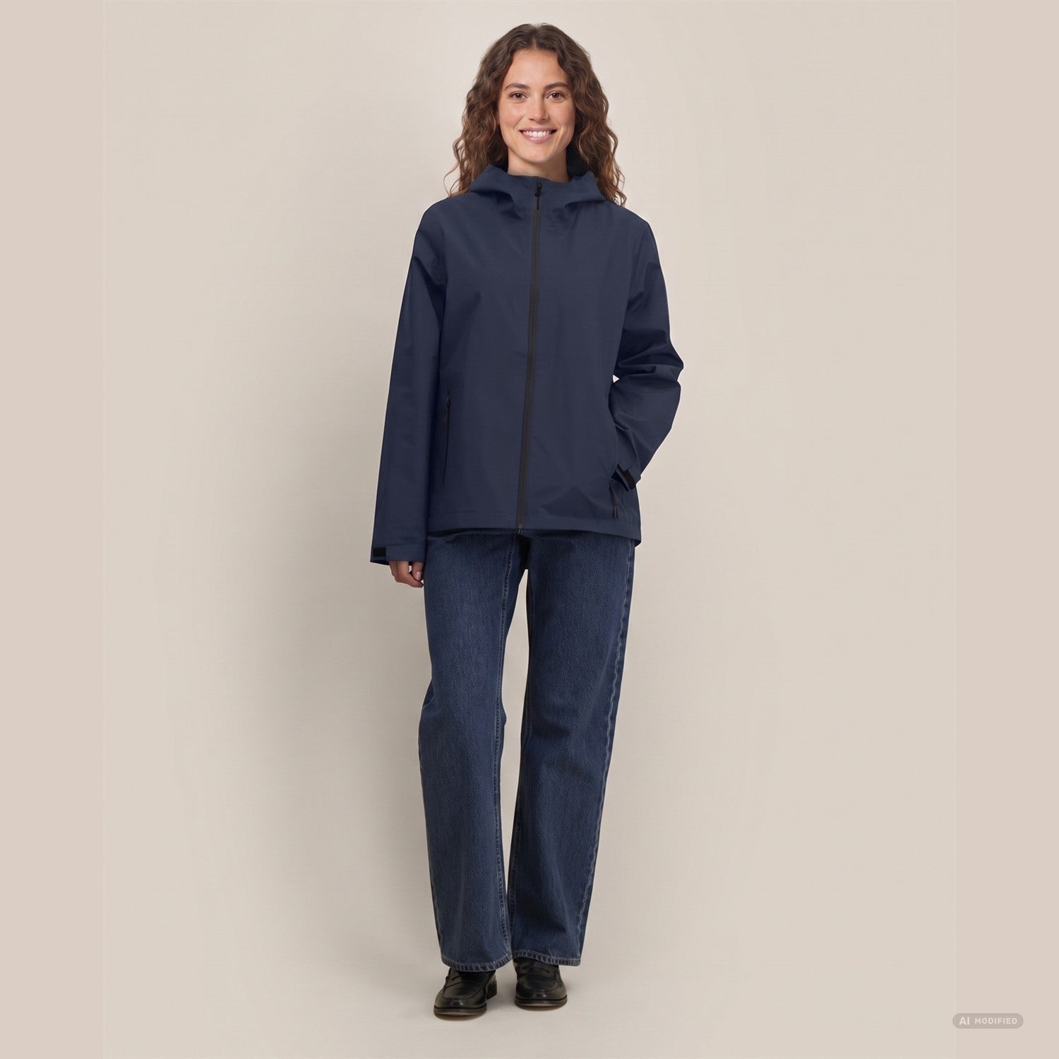Wasserdichte Damen Regenjacke in Navy am Model, Ganzkörperansicht