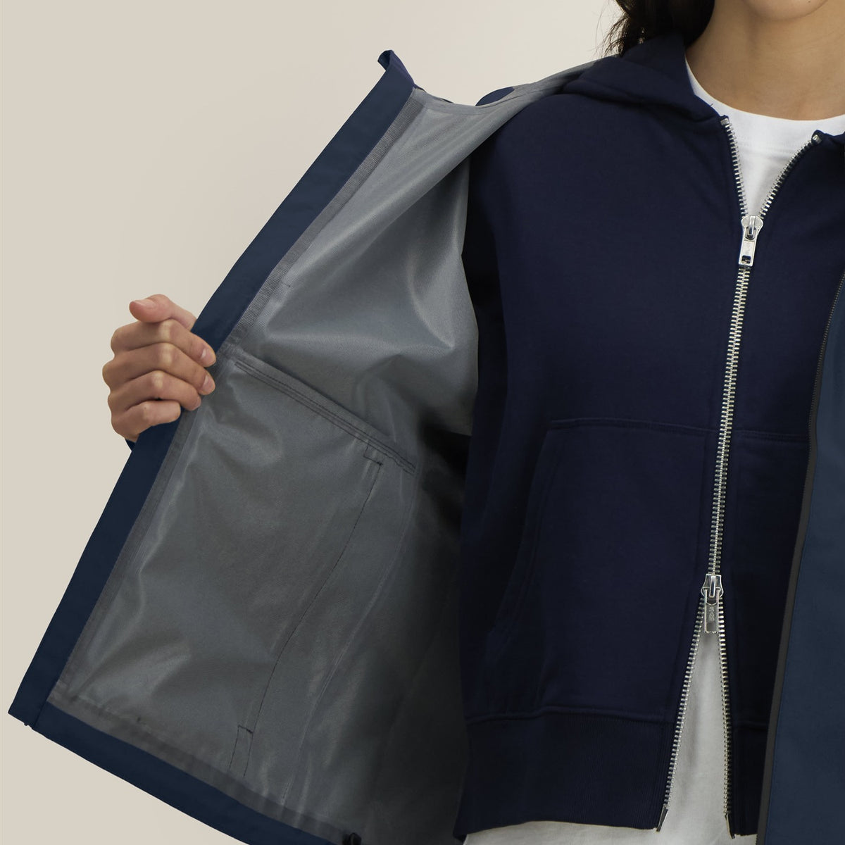 Damen Regenjacke Navy, Innenfutter und Innentasche