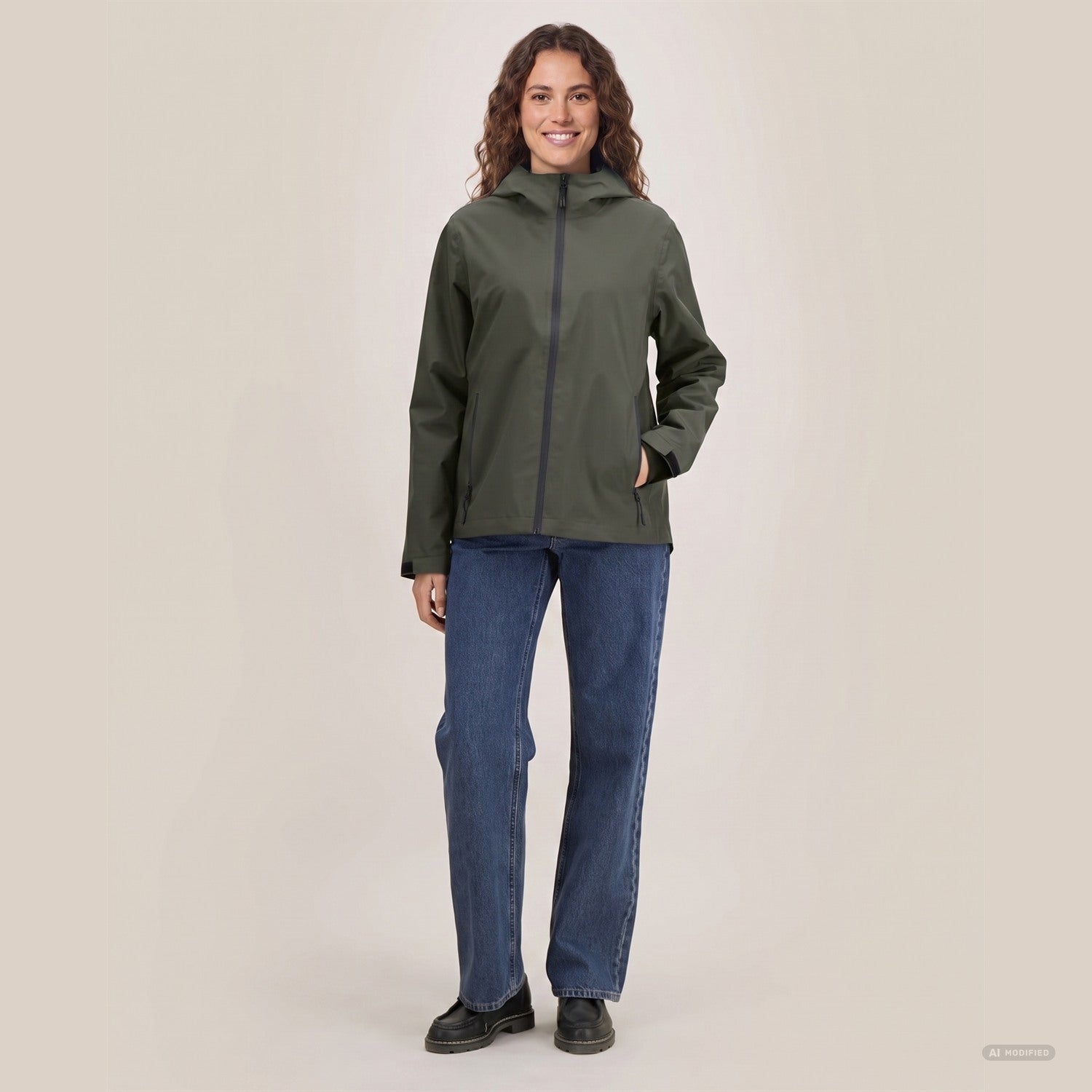 Wasserdichte Damen Regenjacke in Khaki am Model, Ganzkörperansicht