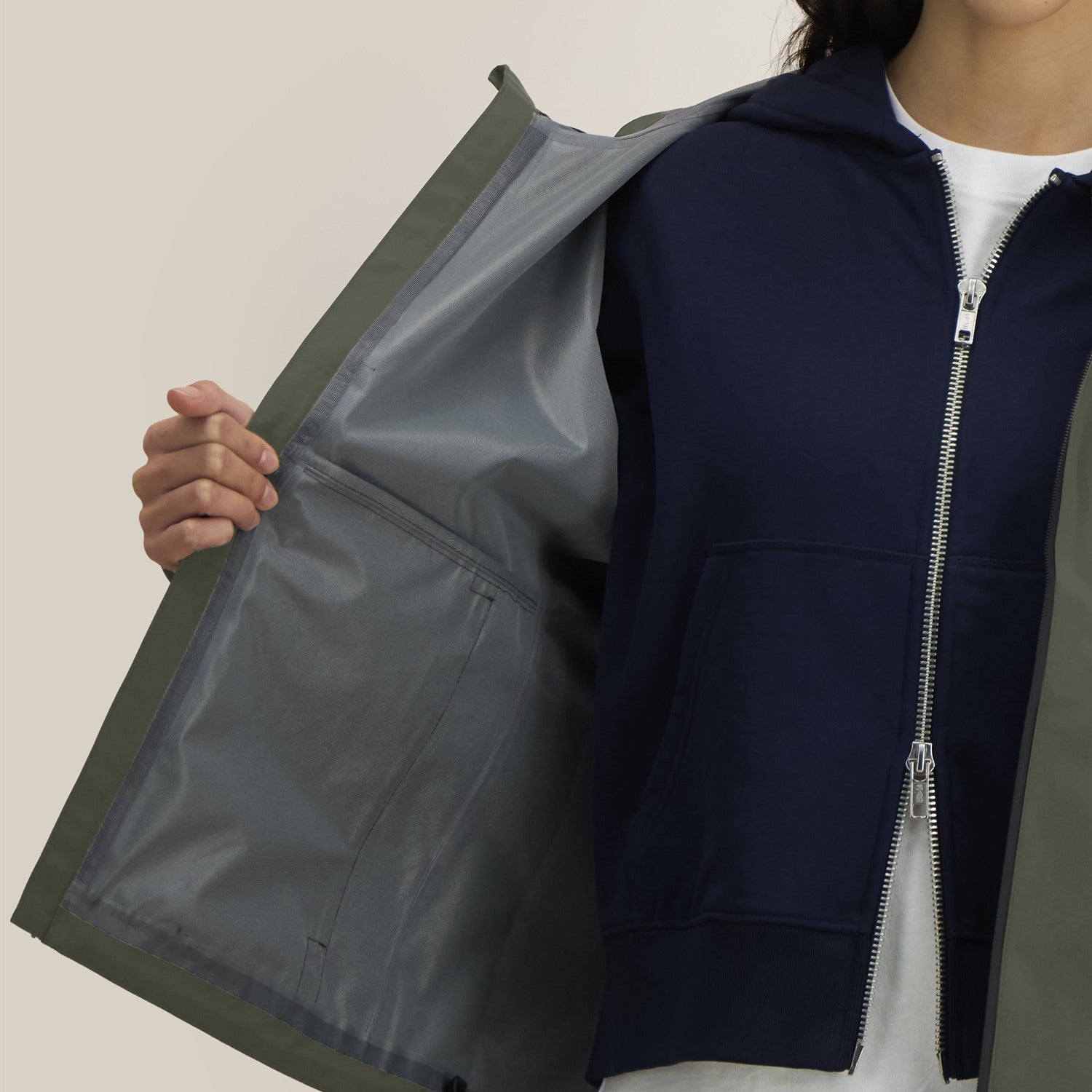 Damen Regenjacke Khaki, Innenfutter und Innentasche